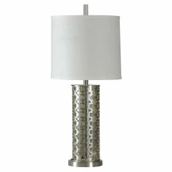 Best deal 👍 StyleCraft Home Collection StyleCraft Estero Brushed Steel Table Lamp - White Hardback Fabric Shade ⭐