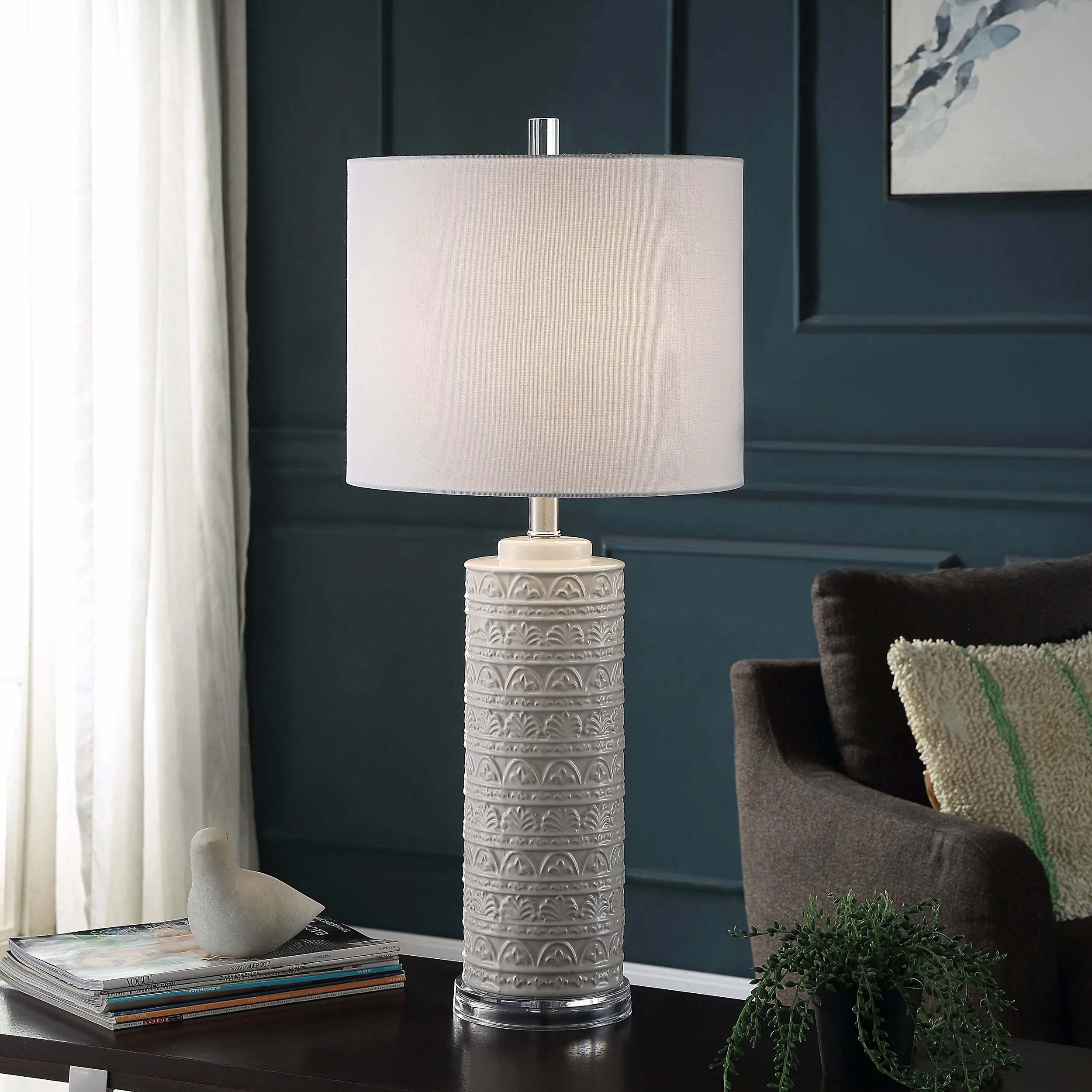 Budget π StyleCraft Home Collection StyleCraft Frezzi White Transitional Textured Ceramic Cylinder Table Lamp π§¨