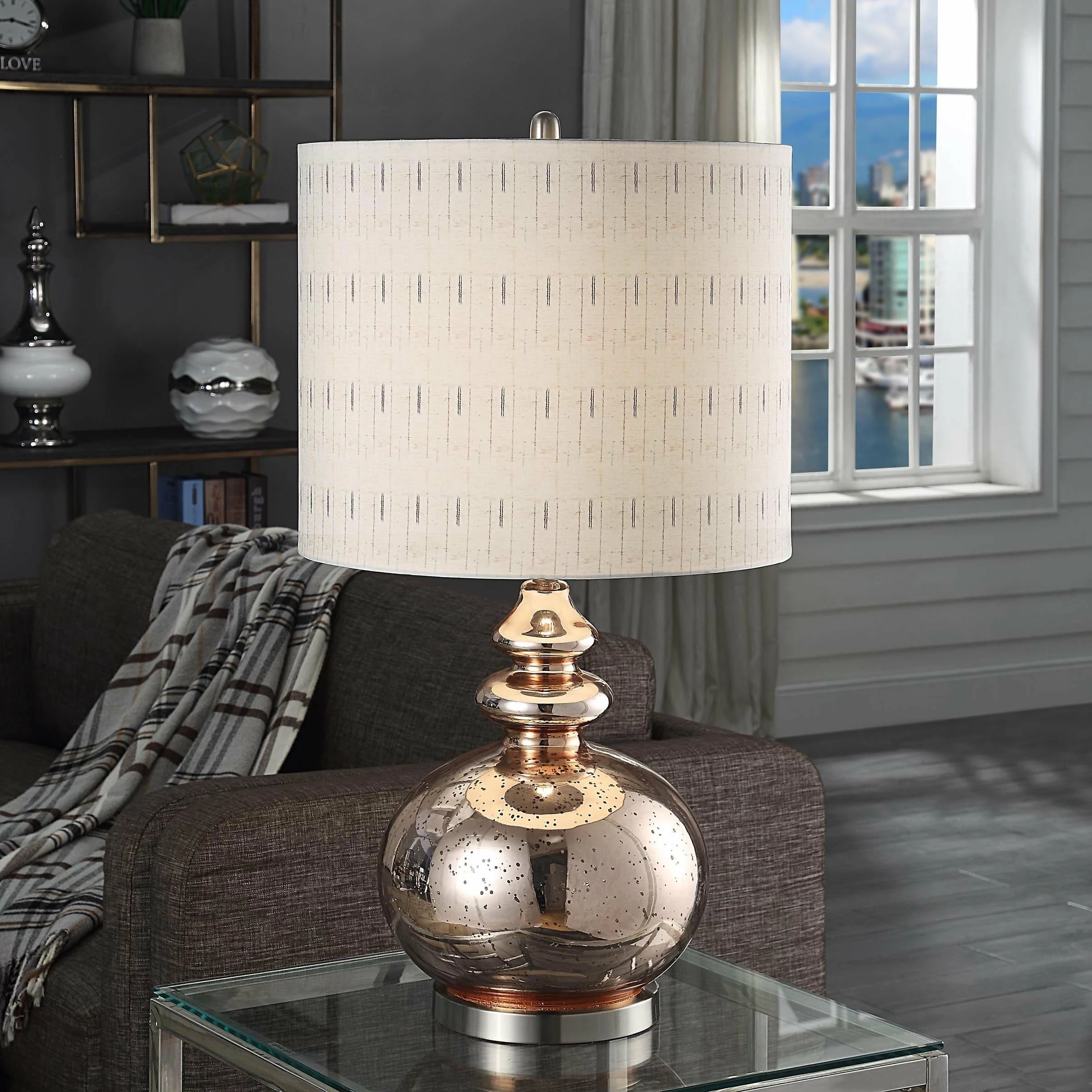 Budget ๐ฏ StyleCraft Home Collection StyleCraft Gemvara Rose Gold Table Lamp - Beige Designer Print Hardback Fabric Shade ๐