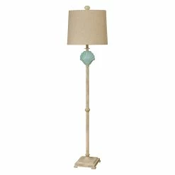 Cheapest 🎁 StyleCraft Home Collection StyleCraft Gili Beach Ceramic Floor Lamp With Light Blue Shell - Beige Hardback Fabric Shade 🌟