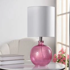 Cheapest 🤩 StyleCraft Home Collection StyleCraft Glass Bright Purple Table Lamp - White Hardback Fabric Shade ⭐