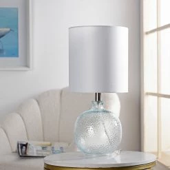 Budget 🔔 StyleCraft Home Collection StyleCraft Glass Light Aqua Table Lamp - White Hardback Fabric Shade 🥰