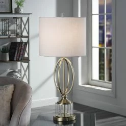 Best reviews of 🔥 StyleCraft Home Collection StyleCraft Hayla Gray Transitional Satin Brass Double Ring Table Lamp With Glass Pedestal 🔥