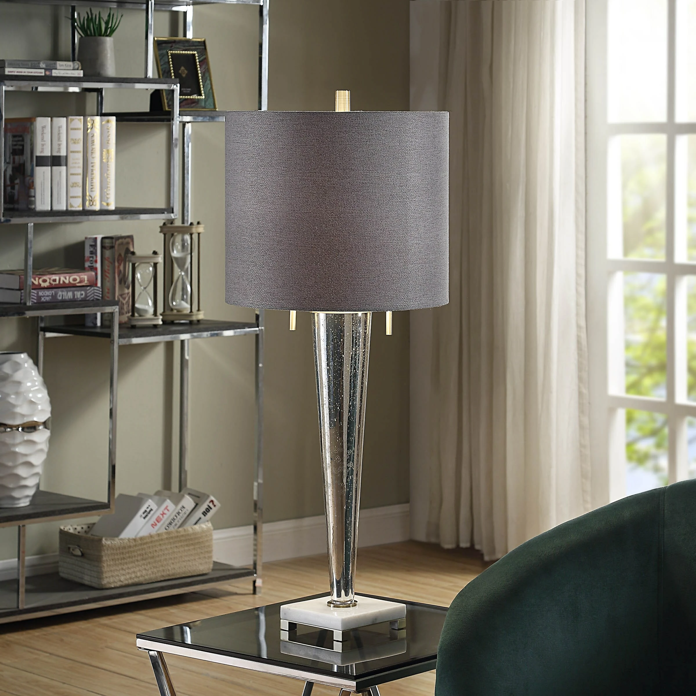 Discount 🤩 StyleCraft Home Collection StyleCraft Jasper Chrome Transitional Pillar Design Glass Body Table Lamp With Light Grey Fabric Shade 🧨 - Image 7