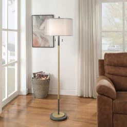 Outlet ✨ StyleCraft Home Collection StyleCraft Lari 2-light Black And Wood Floor Lamp With Sheer Clear White Double Drum Shade 🔔