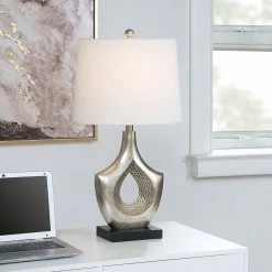 Discount 👏 StyleCraft Home Collection StyleCraft Laslo Silver Moulded Table Lamp With 🔨 Hammered Hollow Center And Black Base 🥰