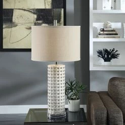 Deals 🤩 StyleCraft Home Collection StyleCraft Luxemburg White Glaze Ceramic Table Lamp - Beige Hardback Fabric Shade 👏