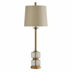 Best Sale 🎁 StyleCraft Home Collection StyleCraft Midfield Clear Glass And Gold Table Lamp - Beige Hardback Fabric Shade 🧨