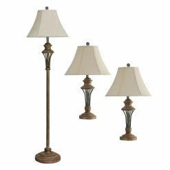 Flash Sale 🤩 StyleCraft Home Collection StyleCraft Moraga Natural Wood Table And Floor Lamp Set - Cream Fabric Shade (Set Of 3) 🎉