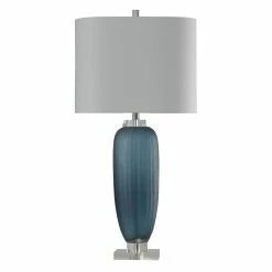 Best Sale ❤️ StyleCraft Home Collection StyleCraft Nicosia Ribbed Glass Nicosia Blue Table Lamp W/ Clear Acrylic Base - White Hardback Shade 😀