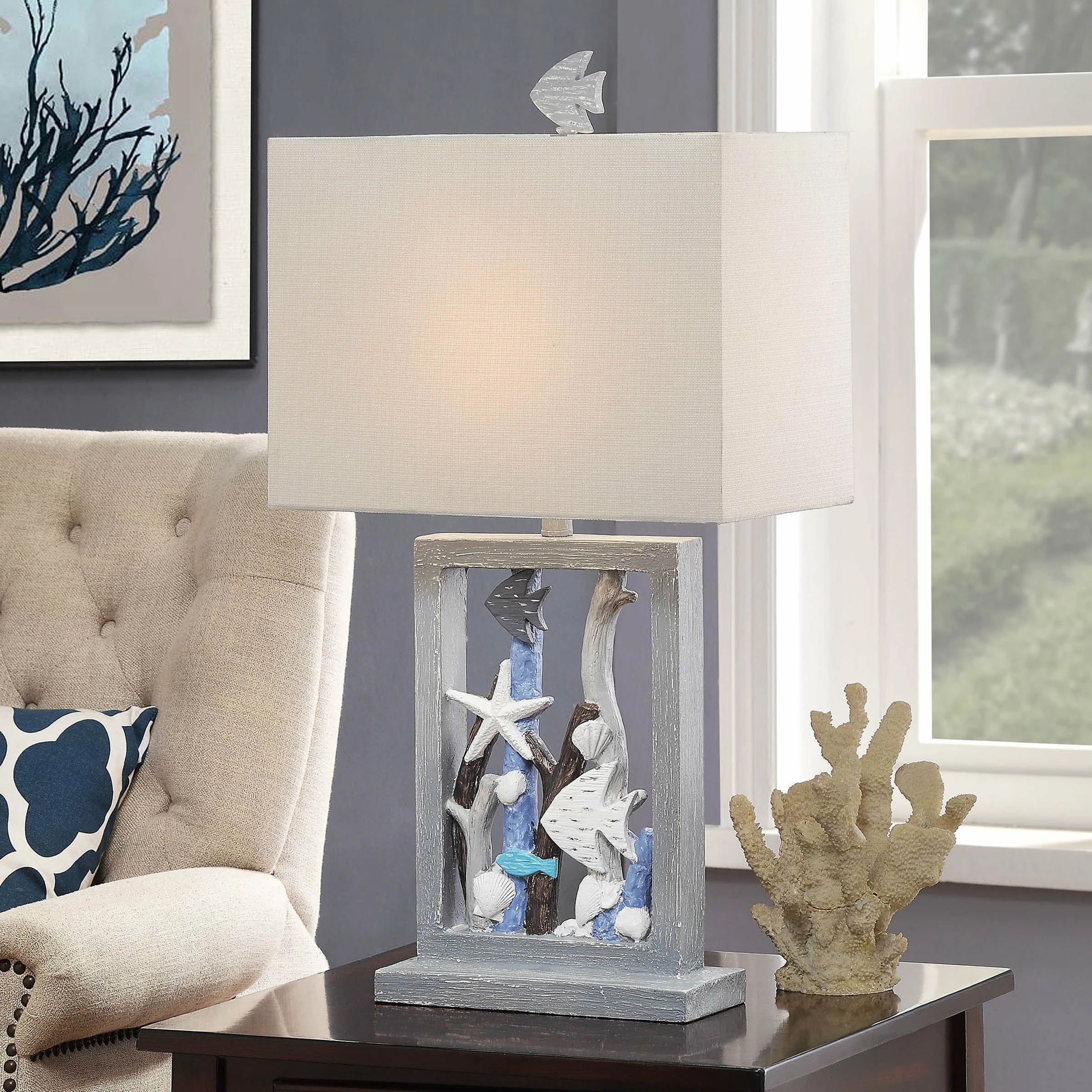 Best reviews of ✨ StyleCraft Home Collection StyleCraft Seaford Blue And Multi-Neutral Framed Seascape Fish, Starfish And Driftwood Table Lamp ⌛