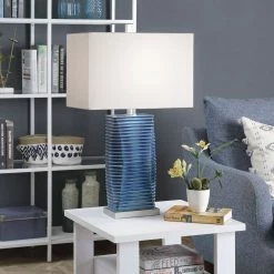 Best deal ⌛ StyleCraft Home Collection StyleCraft Thame Blue Vertical Lined Moulded Table Lamp With Steel Base 🔥