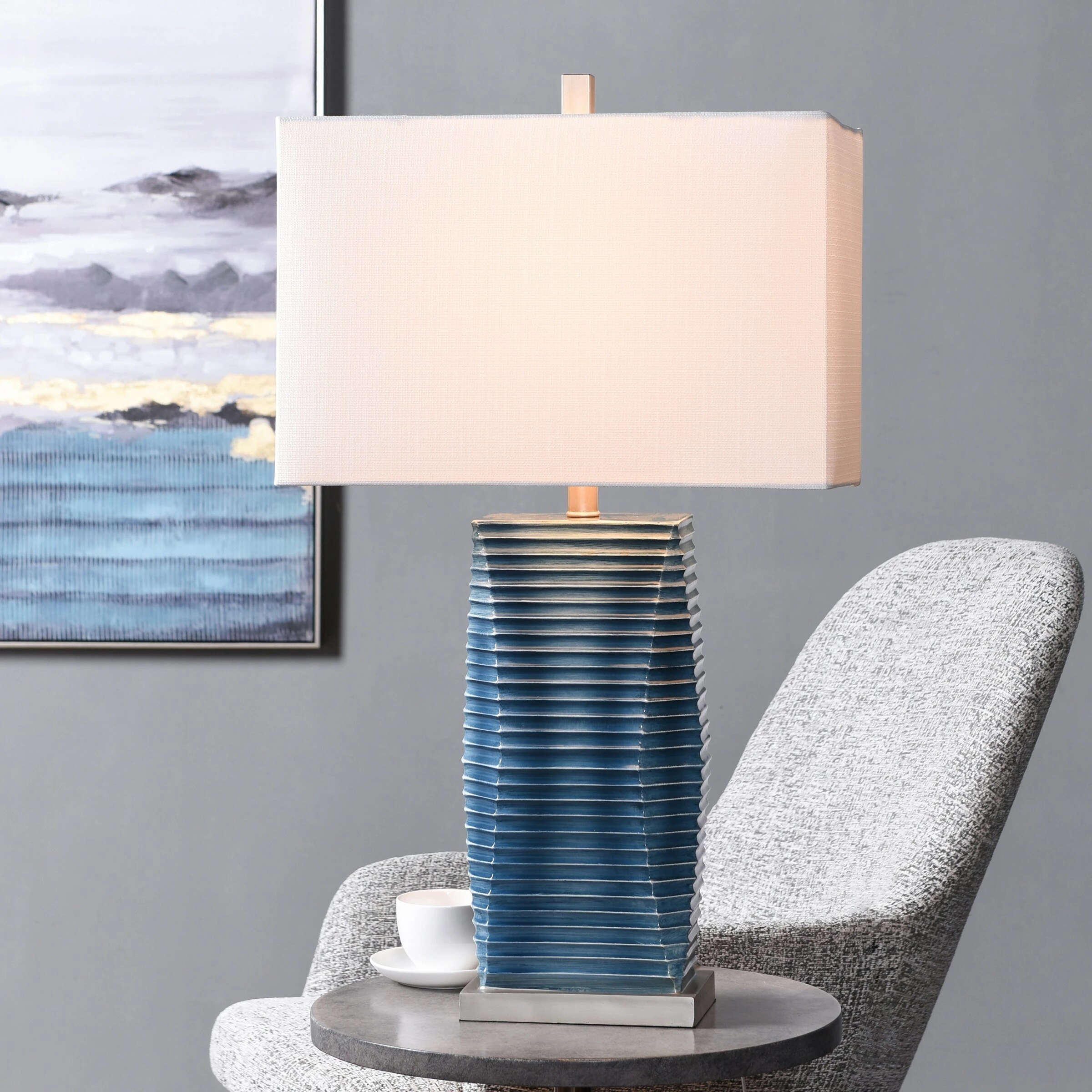 Best deal β StyleCraft Home Collection StyleCraft Thame Blue Vertical Lined Moulded Table Lamp With Steel Base π₯ - Image 9