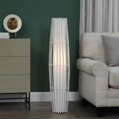 Deals 🥰 StyleCraft Home Collection StyleCraft Varzea Tall White Fabric Inside Shade With Rattan Outer Shade Uplight ✔️