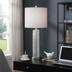 Flash Sale 🎉 StyleCraft Home Collection StyleCraft Wembly Gray Diamond Textured Glass Table Lamp With Brushed Steel Base ⌛