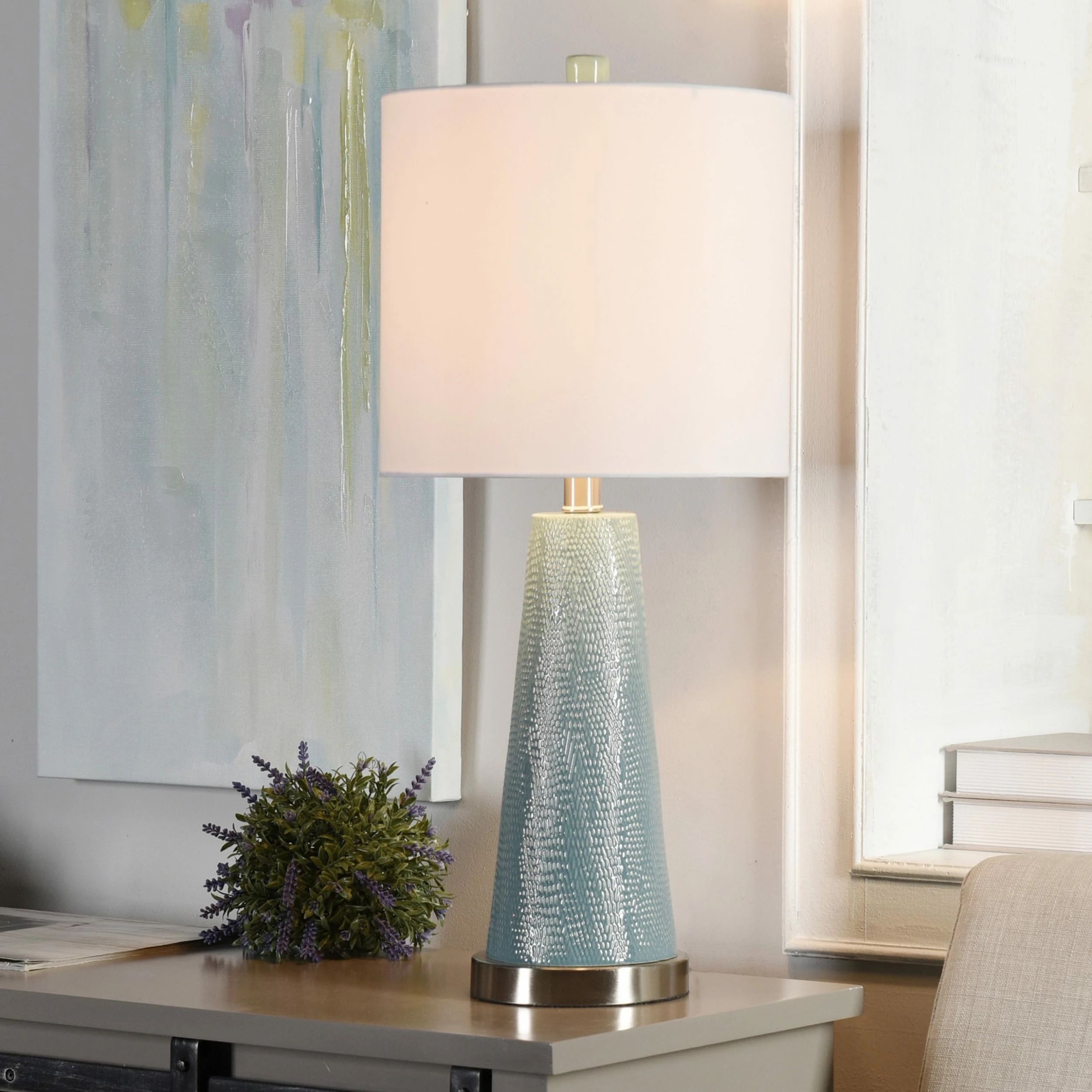 Buy ๐ StyleCraft Home Collection StyleCraft Teal Textured Diamond Print Embossed Tapered Accent Lamp ๐ - Image 4