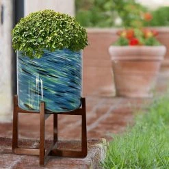 Best Sale ✨ StyleCraft Home Collection StyleCraft Vivian Glass Planter On Wood Stand Cobalt Blue 😍