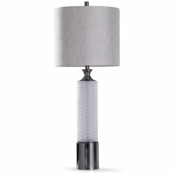 Cheapest 🤩 StyleCraft Home Collection StyleCraft Walsall Steel And Clear Herringbone Glass Column Table Lamp With Gray Designer Drum Shade 🔥