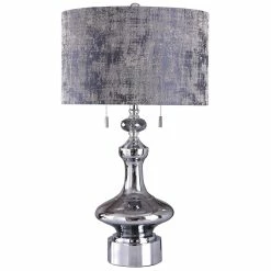 Deals ❤️ StyleCraft Home Collection StyleCraft Zilar Chrome With Mirror Glass Table Lamp With Smoke Faceted Crystal And Blue Foil Drum Shade 🎉