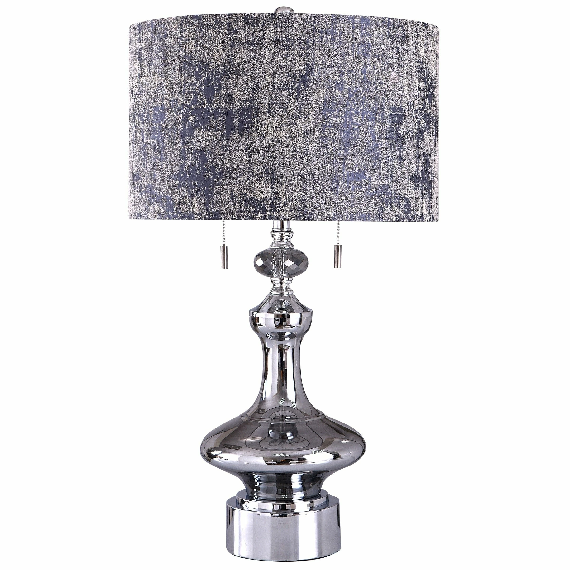 Deals โค๏ธ StyleCraft Home Collection StyleCraft Zilar Chrome With Mirror Glass Table Lamp With Smoke Faceted Crystal And Blue Foil Drum Shade ๐